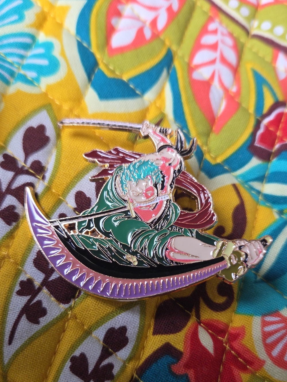 Onepiece Green and Pink Samurai Enamel Brooch with Gold Trim